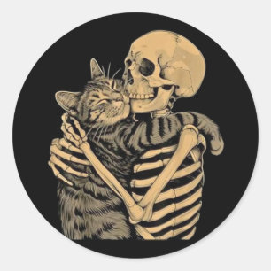 Skeleton Hugging Cat – Cute Gothic Cat Lover Gift Classic Round Sticker