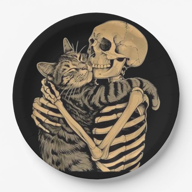  Skeleton Hugging Cat – Cute Gothic Cat Lover Gift Paper Plate (Front)