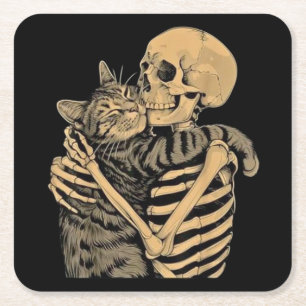  Skeleton Hugging Cat – Cute Gothic Cat Lover Gift Square Paper Coaster
