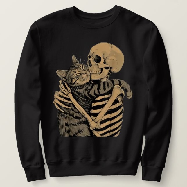  Skeleton Hugging Cat – Cute Gothic Cat Lover Gift Sweatshirt (Design Front)