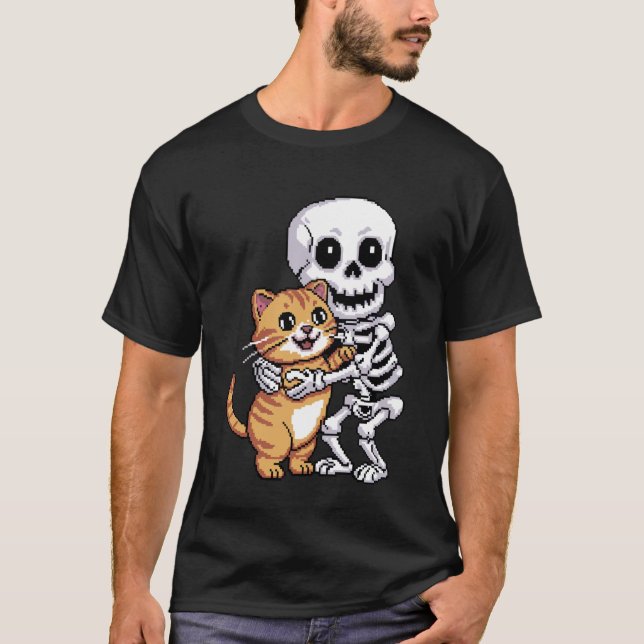 Skeleton Hugging Cat Cute Halloween Graphic Pixel  T-Shirt (Front)