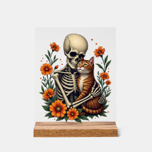 Skeleton Hugging Cat Floral Halloween Cats Lover Acrylic Sign