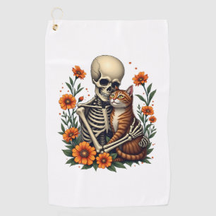 Skeleton Hugging Cat Floral Halloween Cats Lover Golf Towel