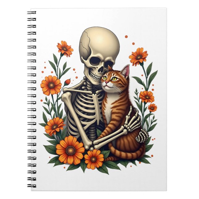 Skeleton Hugging Cat Floral Halloween Cats Lover Notebook (Front)