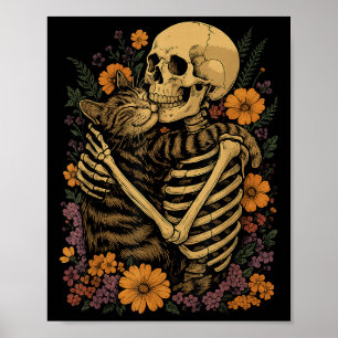Skeleton Hugging Cat Floral Halloween Cats Lover Poster