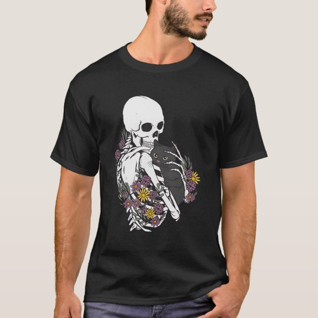 Skeleton Hugging Cat Flowers Skeleton Black Cat T-Shirt (Front)