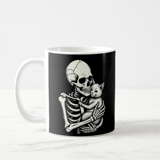 Skeleton Hugging Cat Funny Halloween Cat Lover Coffee Mug (Left)