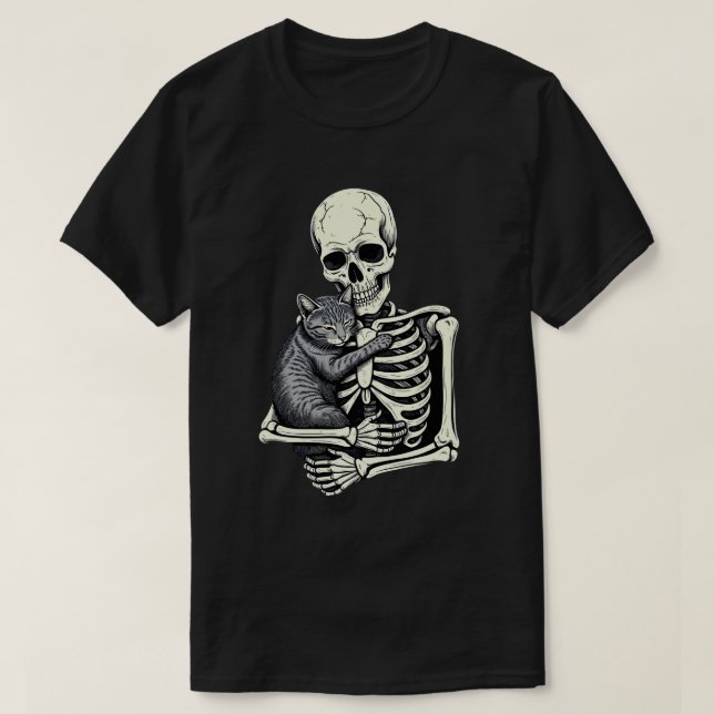 Skeleton Hugging Cat Funny Halloween Cat Lover T-Shirt (Design Front)