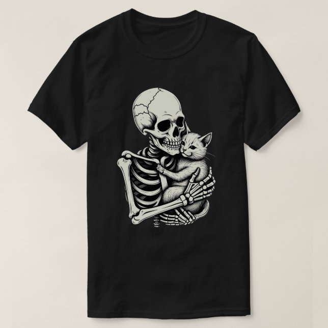 Skeleton Hugging Cat Funny Halloween Cat Lover T-Shirt (Design Front)
