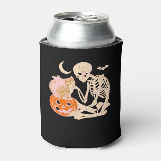 Skeleton Hugging Cat Halloween Cat Lover Cat Class Can Cooler (Can Front)