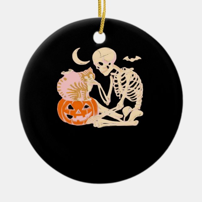 Skeleton Hugging Cat Halloween Cat Lover Cat Class Ceramic Tree Decoration (Front)