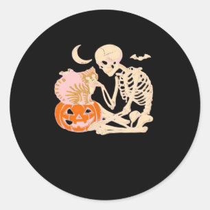 Skeleton Hugging Cat Halloween Cat Lover Cat Class Classic Round Sticker
