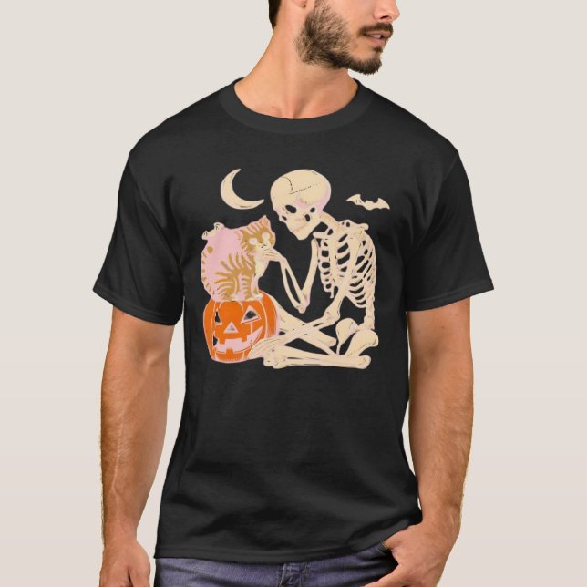 Skeleton Hugging Cat Halloween Cat Lover Cat Class T-Shirt (Front)