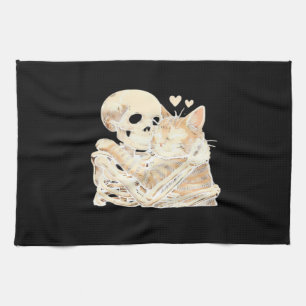 Skeleton Hugging Cat Halloween Cat Lover Cat Mom D Tea Towel