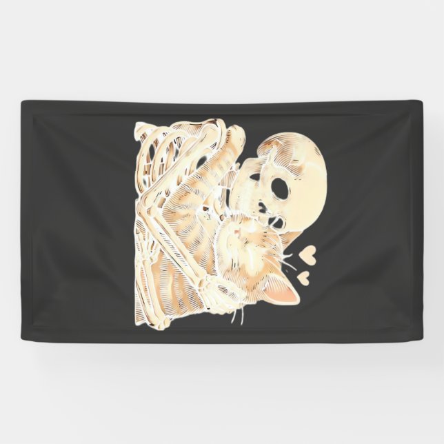 Skeleton Hugging Cat Halloween Cat Lover Cat Mum D Banner (Horizontal)