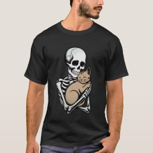 Skeleton Hugging Cat Halloween Cat Lover Cat Mum D T-Shirt