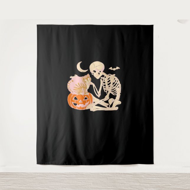 Skeleton Hugging Cat Halloween Cat Lover Cat Mum D Tapestry (Front)