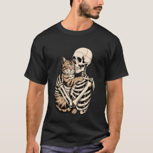 Skeleton Hugging Cat Halloween Cat Lover Men Women T-Shirt
