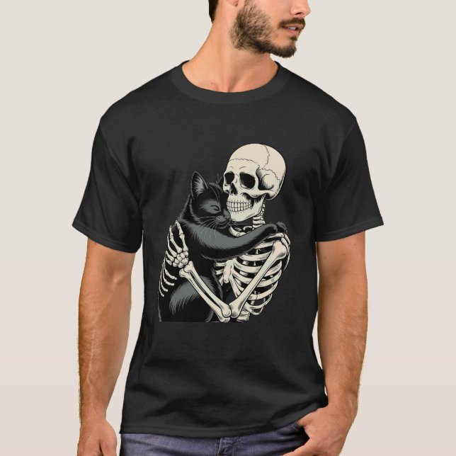 Skeleton Hugging Cat Halloween T-Shirt (Front)