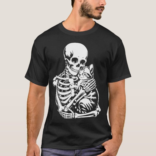 Skeleton Hugging Cat Halloween T-Shirt – Cat Lover (Front)
