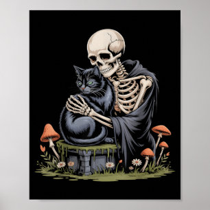 Skeleton Hugging Cat In Black Gothic Halloween Poster