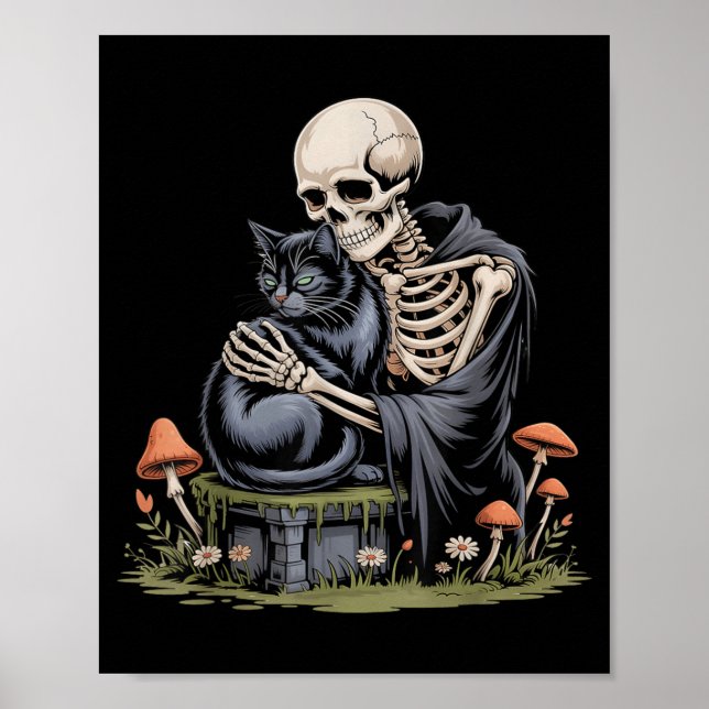 Skeleton Hugging Cat In Black Gothic Halloween Poster (Front)