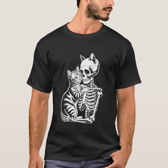 Skeleton Hugging Cat Lover Funny Halloween Skull T-Shirt (Front)