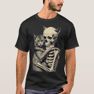 Skeleton Hugging Cat Lover Halloween Apparel T-Shirt