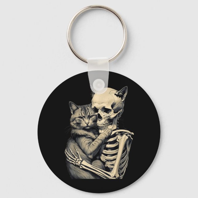 Skeleton Hugging Cat Lover Halloween Funny Apparel Key Ring (Front)