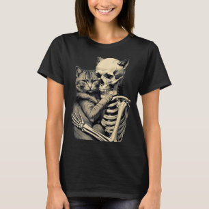 Skeleton Hugging Cat Lover Halloween Funny Apparel T-Shirt