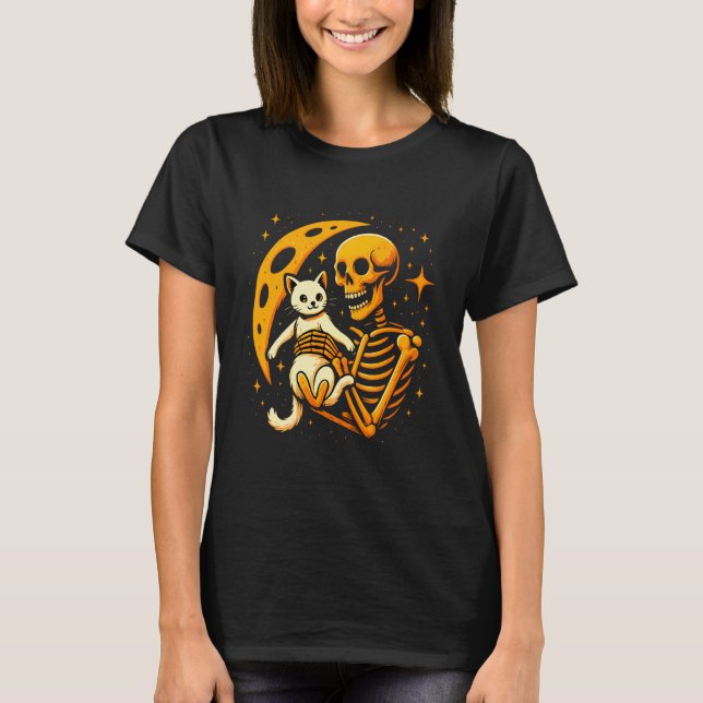 Skeleton Hugging Cat Moon Night Funny Cute Hallowe T-Shirt (Front)