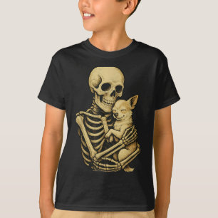 Skeleton Hugging Dog Chihuahua Funny Halloween T-Shirt
