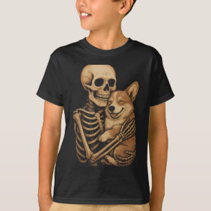 Skeleton Hugging Dog Corgi Funny Halloween T-Shirt
