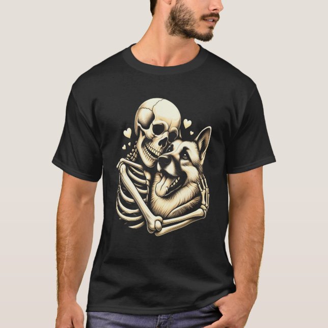Skeleton Hugging Dog Halloween German Shepherd Lov T-Shirt (Front)