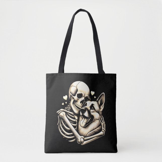Skeleton Hugging Dog Halloween German Shepherd  Tote Bag (Front)
