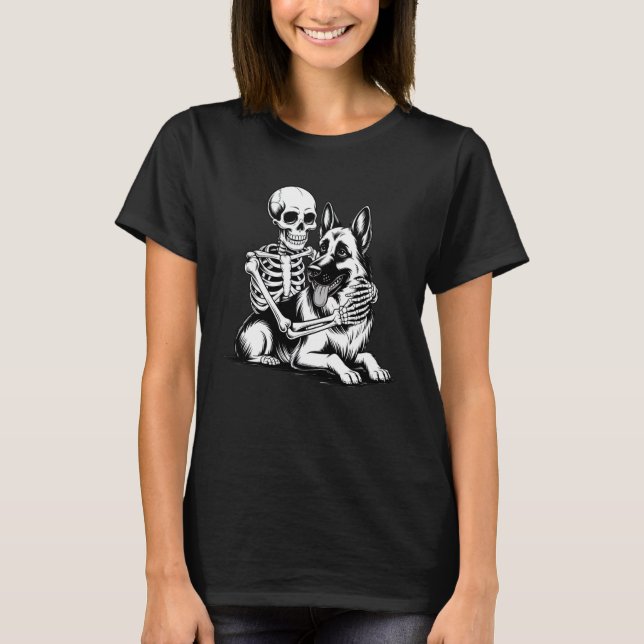 Skeleton Hugging German Shepherd Halloween Dog Lov T-Shirt (Front)