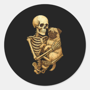 Skeleton Hugging Pug Halloween Pugs Lover Pug Mum Classic Round Sticker