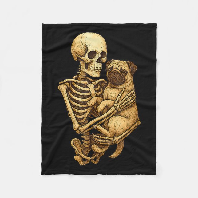 Skeleton Hugging Pug Halloween Pugs Lover Pug Mum  Fleece Blanket (Front)