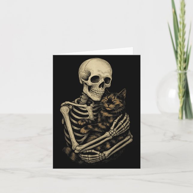 Skeleton Hugging Tortoiseshell Cat Funny Halloween Card (Front)
