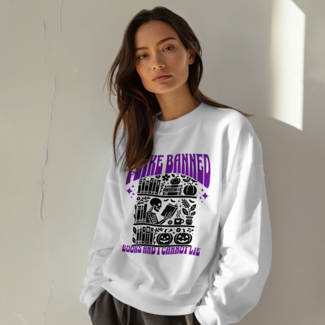 Skeleton I Read Banned Books Halloween Sweatshirt (i like banned books skeleton reading sweatshirt halloween funny)