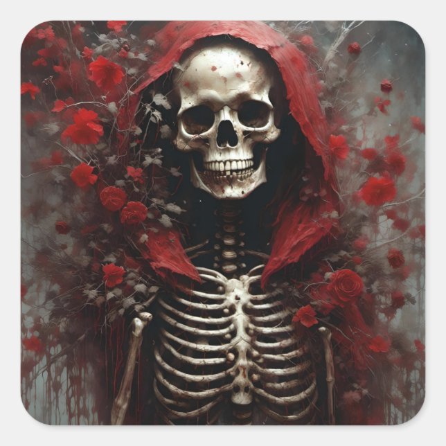 Skeleton in a Red Cape with Flowers Square Sticker (Front)