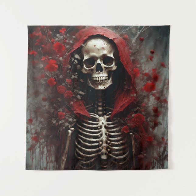 Skeleton in a Red Cape with Flowers Tapestry (Front)