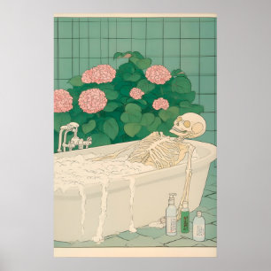 Skeleton in Bath Funny Bathroom Art in Japanese Poster