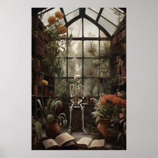 Skeleton in botanical abandoned library print