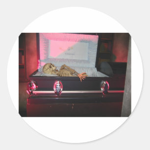 skeleton in coffin classic round sticker