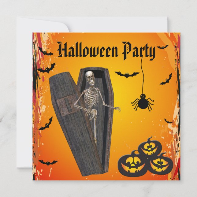 Skeleton in Coffin & Pumpkins Halloween Party Invitation (Front)