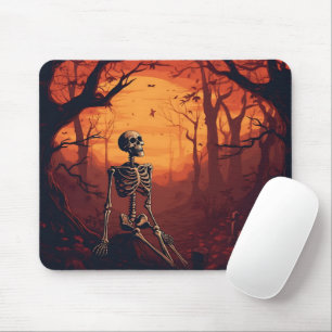 Skeleton In Spooky Forest Halloween Tree Mouse Pad