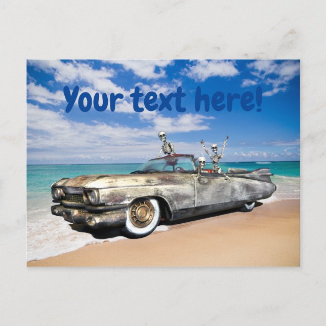 Skeleton Joyride Old Car On Beach Funny Postcard (Front)