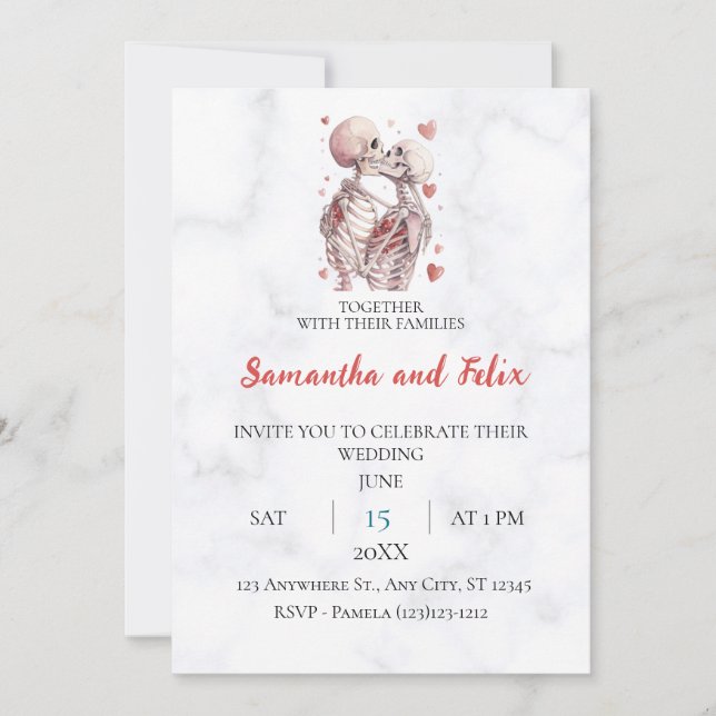 Skeleton Kiss Marble Wedding Invitation (Front)
