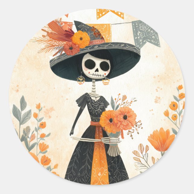 Skeleton Lady La Catrina Day of the Dead  Classic Round Sticker (Front)